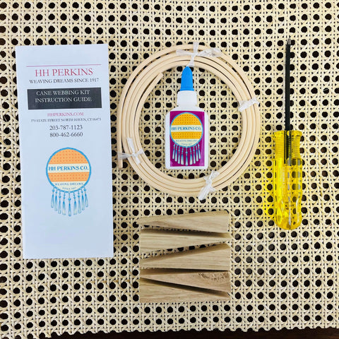 Cane Webbing Kit From HH Perkins complete with directions, wooden wedges, reed spline, spline remover chisel, and glue.