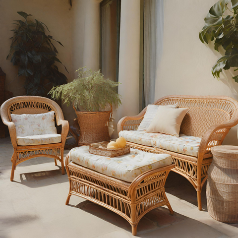 Wicker furniture on back patio of house.