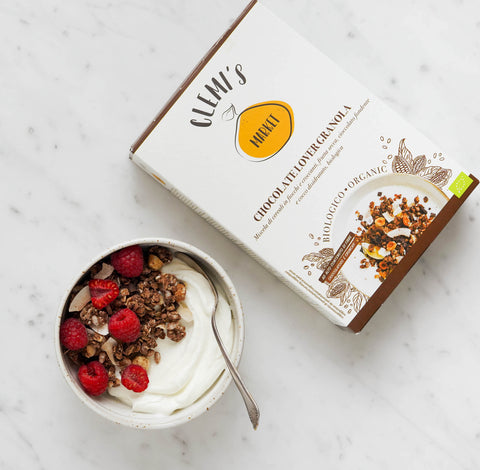 Yogurt bowl with chocolate lover granola and pack of chocolate lover granola