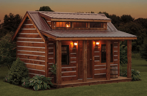 An Amish-made playhouse resembling a rustic log cabin.