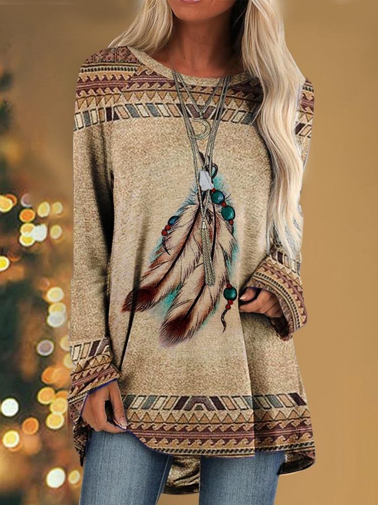 Feather Print Round Neck Printed Long Sleeve T-shirt