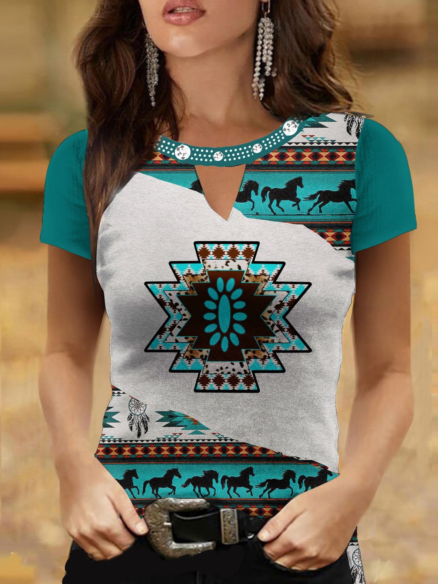 Rhinestones Geometric Turquoise Color Block Round Neck Short Sleeve Top