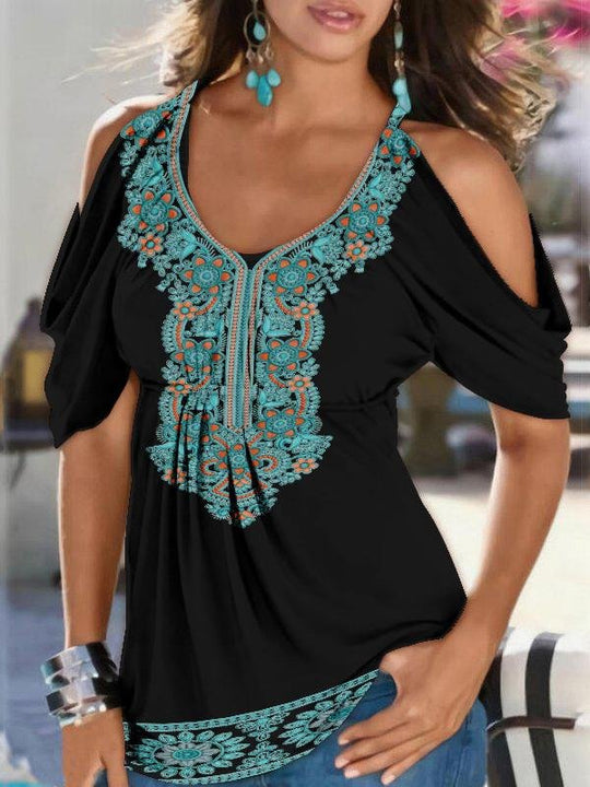 U-neck Print Medium Waist Off Shoulder Short Sleeve T-shirt