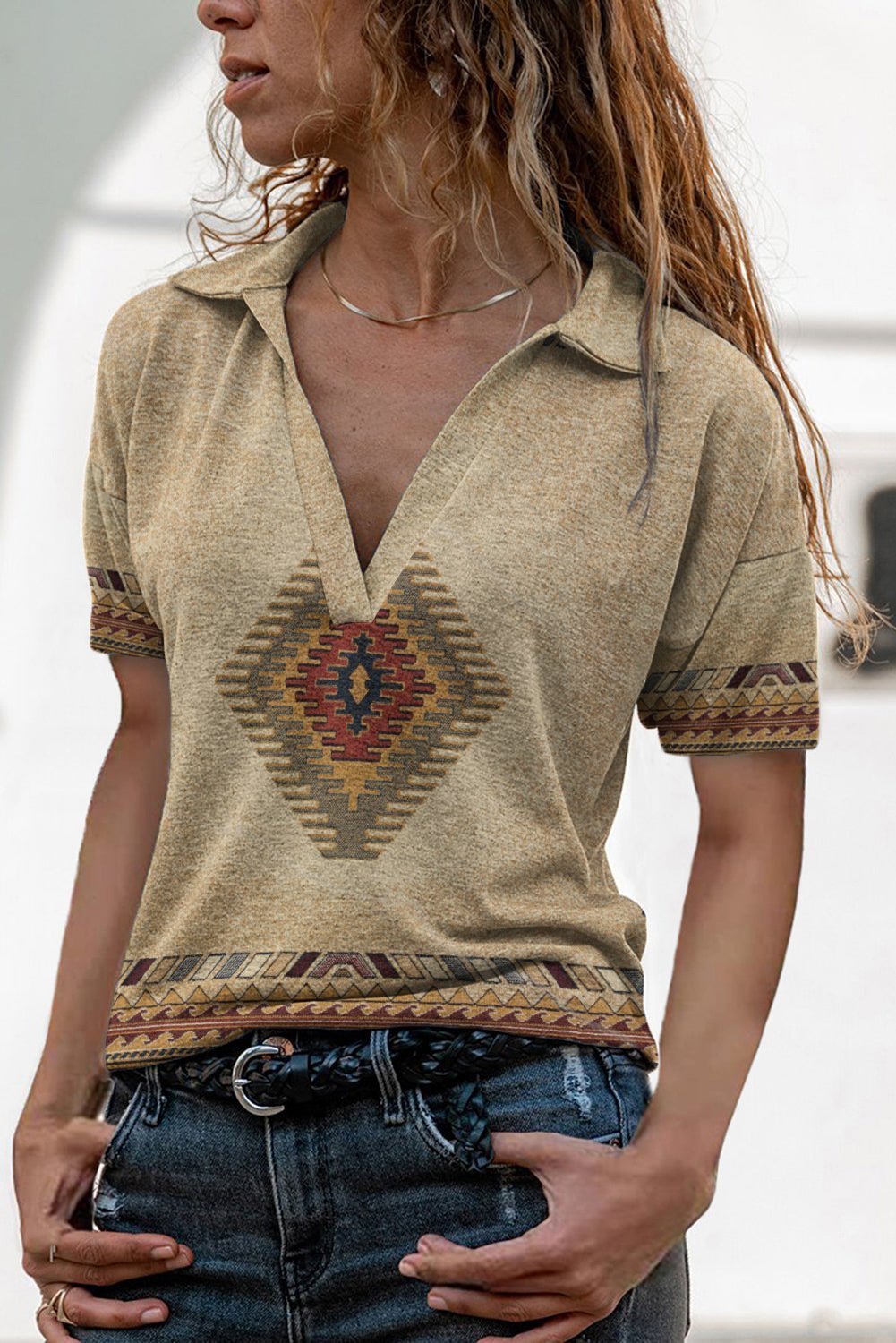 Western Print V Neck Loose T-Shirt