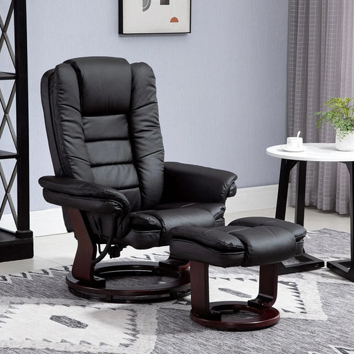 Faux Leather Swivel Recliner Chair with Footstool Wooden Base and