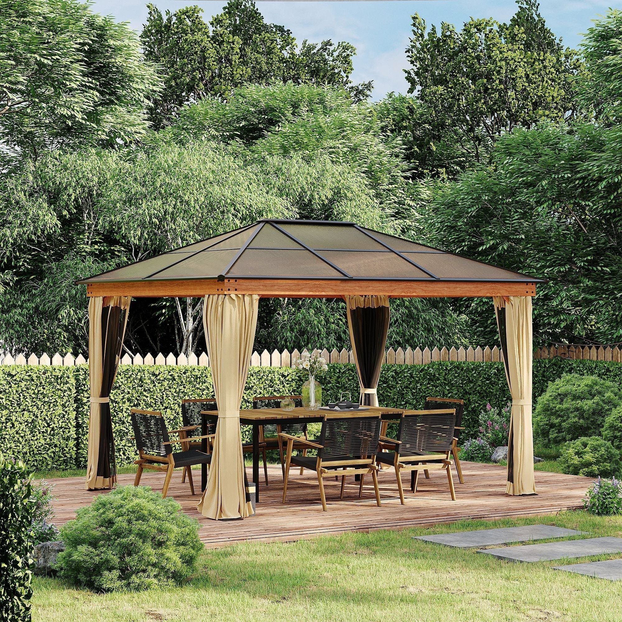 12 x 10 ft (3.6 x 3 m) Hardtop Gazebo with Polycarbonate Roof, Aluminium and Steel Frame, Nettings and Side Curtains - Khaki - O - Green4Life product image