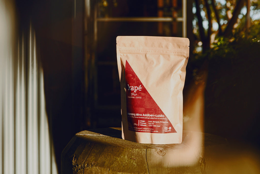 A bag of Manang Mina Asiaben-Luisito's coffee on a wooden block. Photo by Issha.