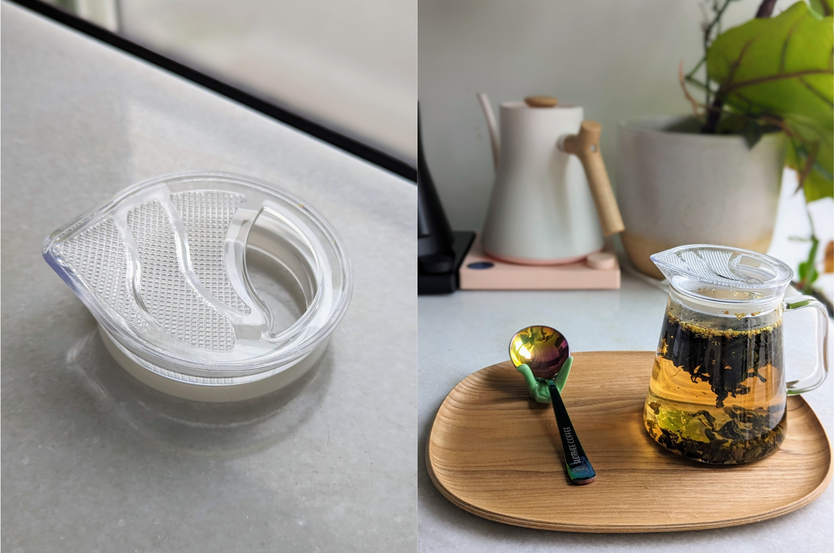 Left photo: Clear lid from Hario Teapot Clear on a grey countertop; right photo: Umeshiso Rainbow Spoon and Hario Teapot Clear on a wooden tray with a FELLOW Stagg EKG Electric Pour Over Kettle in Warm Pink and a planted pot in the background 