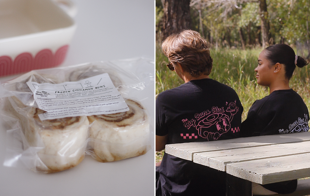 L: frozen pack of specialty cinnamon buns in front of the GREAT JONES Little Hottie square pan; R: husband and wife team Eli Clark and Maria Galindo of The Big Buns Club at a picnic table