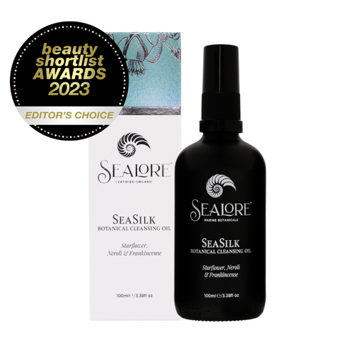 SeaSilk Botanical Cleansing Oil - EDITOR’S CHOICE AWARD. Product image of black bottle with box