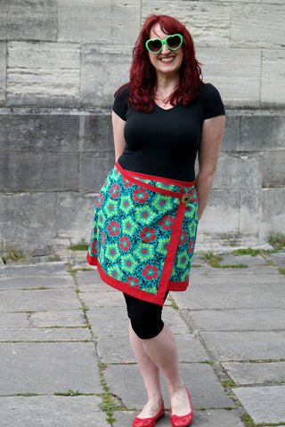 Wrap skirt in red and green fabric