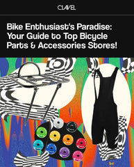 Clavel Media social media headline "Bike Enthusiast's Paradise: Your Guide to Top Bicycle Parts & Accessories Stores!" with bicycle parts and apparel in a groovy graphic.