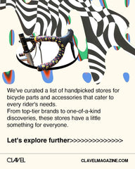 Retro inspired social media graphic with the caption "We've curated a list of handpicked stores for bicycle parts and accessories that cater to ever rider's needs. From top-tier brands to one-of-a-kind discoveries, these stores have a little something for everyone. Let's expore futher." Includes handlebars with local bar tape.
