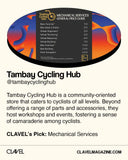 Clavel Media graphic featuring Tambay Cycling Hub's Mechanical Services as a recommended bike product. Graphic features our General Price Guide for Mechanic Services and calls us "a community-oriented store that caters to cyclists of all levels. Beyond offering a range of parts and accessories, they host workshops and events, fostering a sense of camaraderie among cyclists."