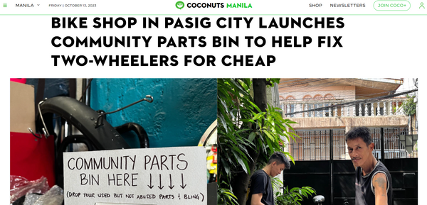Screenshot of Coconuts Manila website featuring Tambay Cycling Hub's community bin with headline "Bike shop in Pasig City launches community parts bin to help fix two-wheelers for cheap."