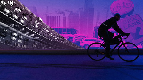 Graphic art of a cyclist in the foreground and an overwhelming number of cars in the background.