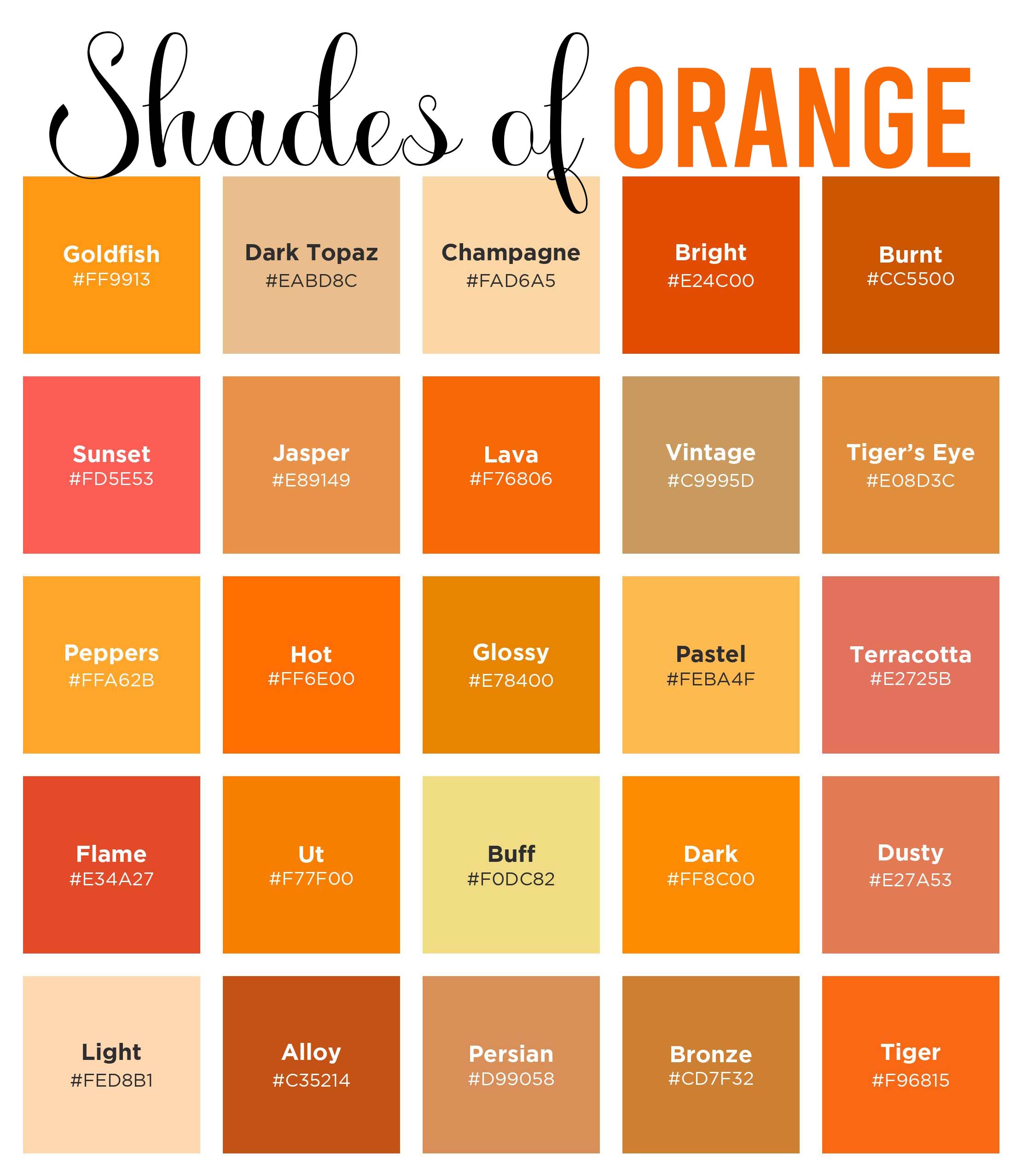 150 Shades of Orange: Color Names, Hex, RGB, CMYK