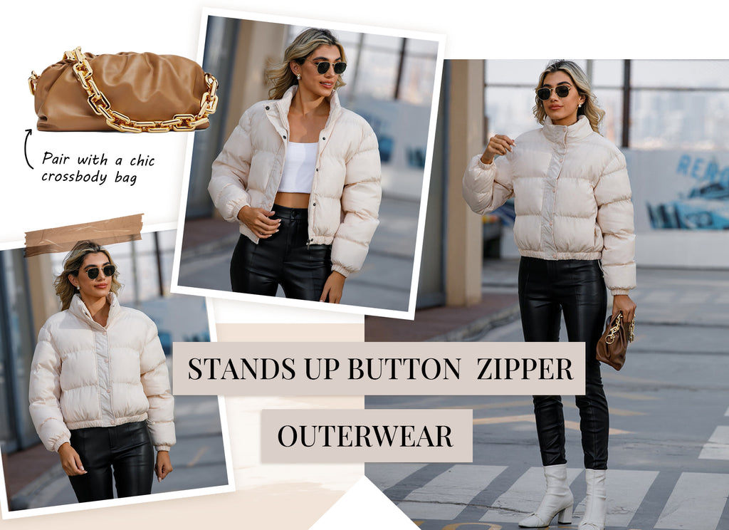Short Puffer Jacket Stands Up Button Zipper Outerwear