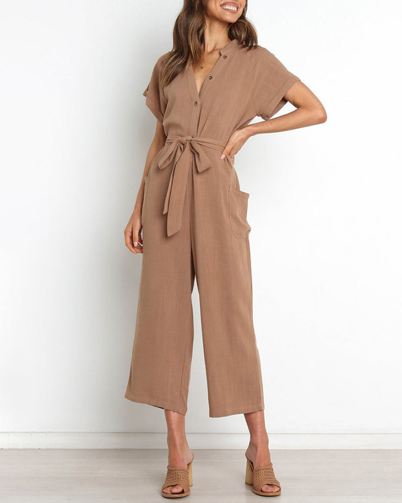 Short Sleeve V-Neck Button Closure Waist Tie Straight Wide Leg Cropped Jumpsuits with Pockets