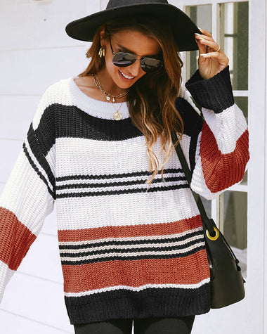 Striped Drop Sleeve Round Neckline Sweater