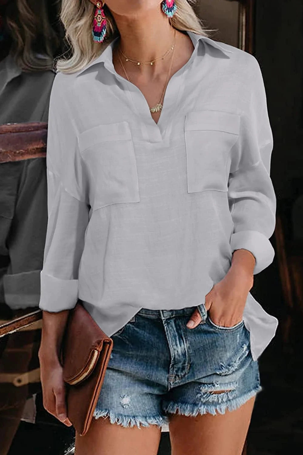 Collared Roll up Long Sleeve Blouses - Zeagoo (Us Only)