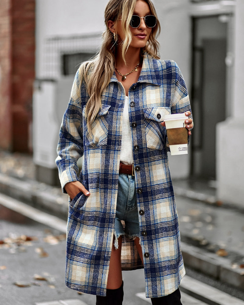 Teen Girls Flap Pocket Plaid Coat