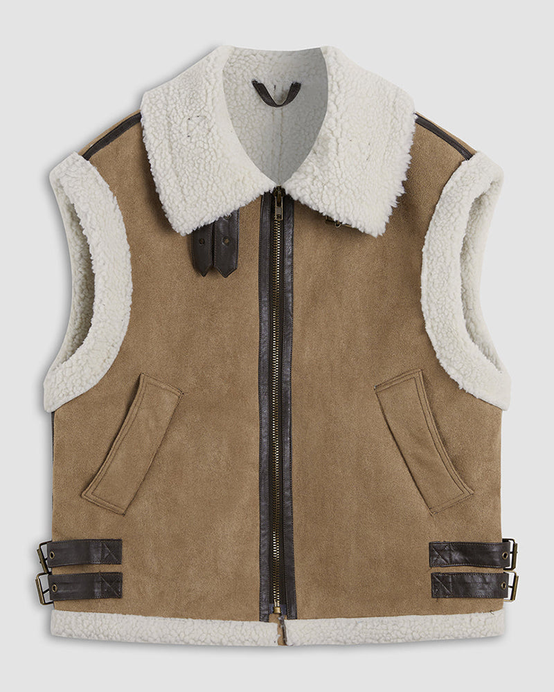 Suede Leather Velvet Vest Lamb Wool Lapel Jacket