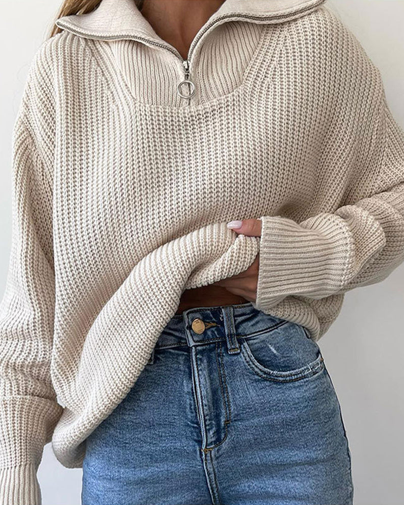 Mock Neck Zip-Up Loose Pullover Sweater – Zeagoo