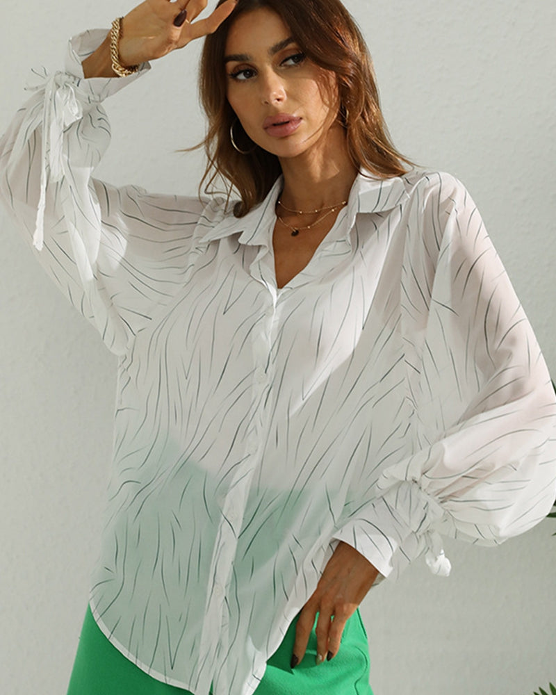 Printed Lace-Up Puff Sleeve Sheer Shirt