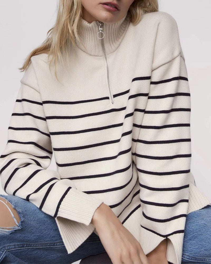 Mock Neck Zip-Up Striped Pullover Loose Sweater
