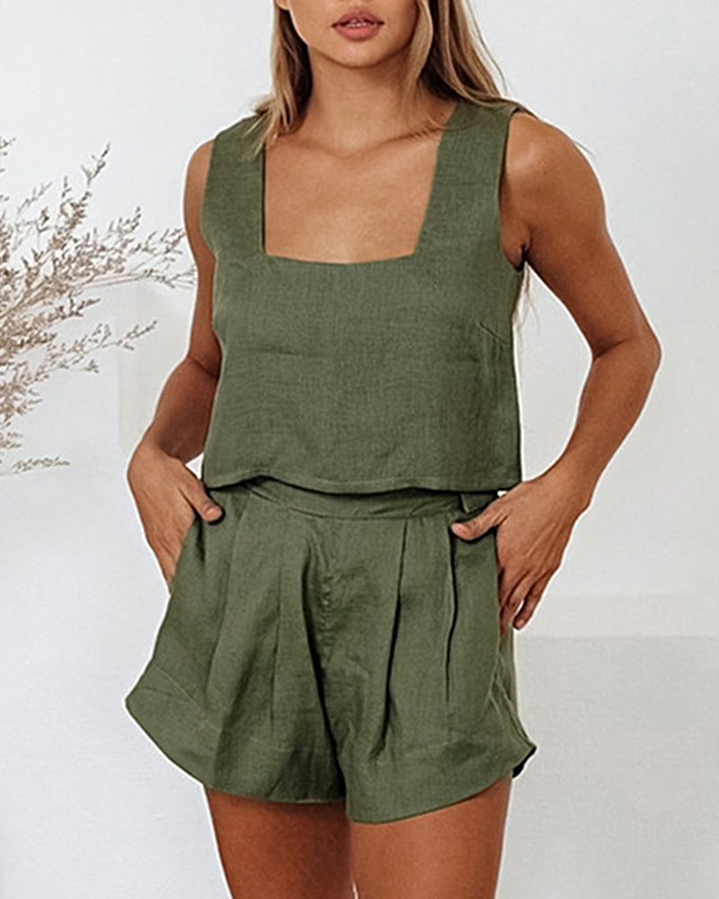 Two Piece Sets Lounge Matching Linen Sleeveless Crop Tops and Pocketed Shorts Sets
