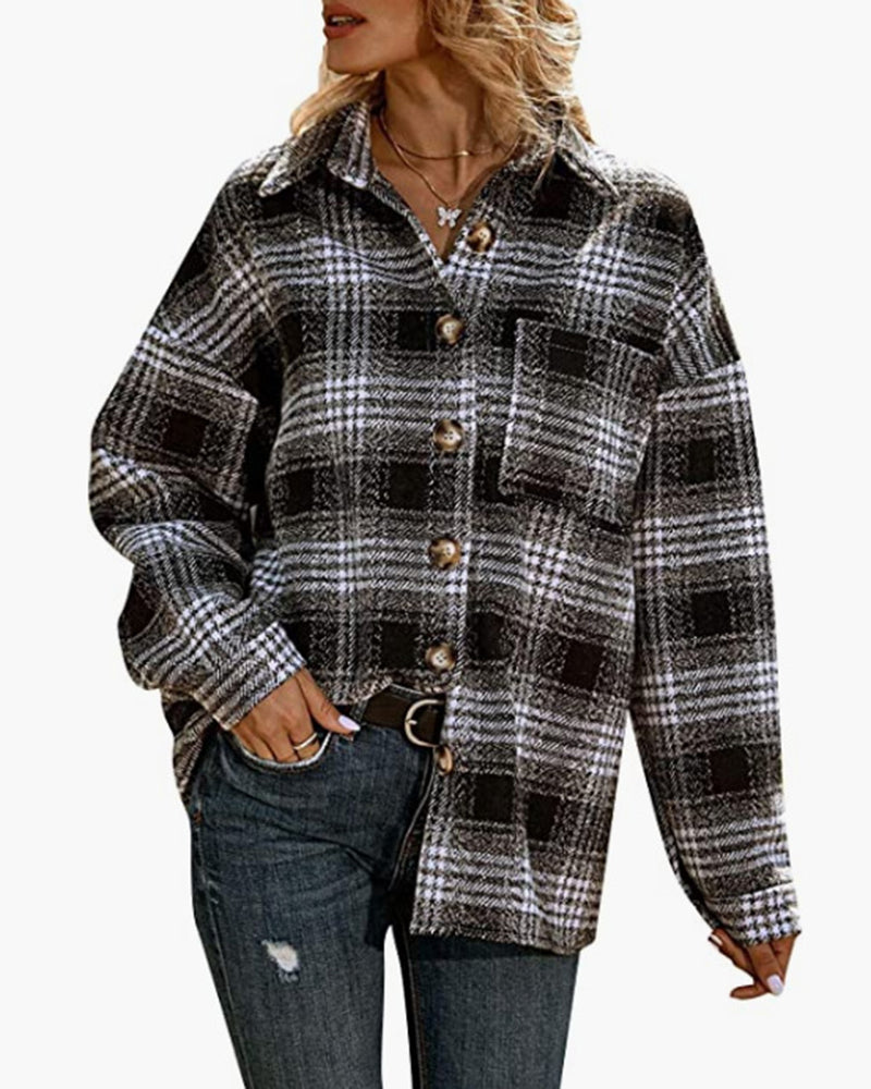 Button Down Oversized Flannel Plaid Shirt Jacket