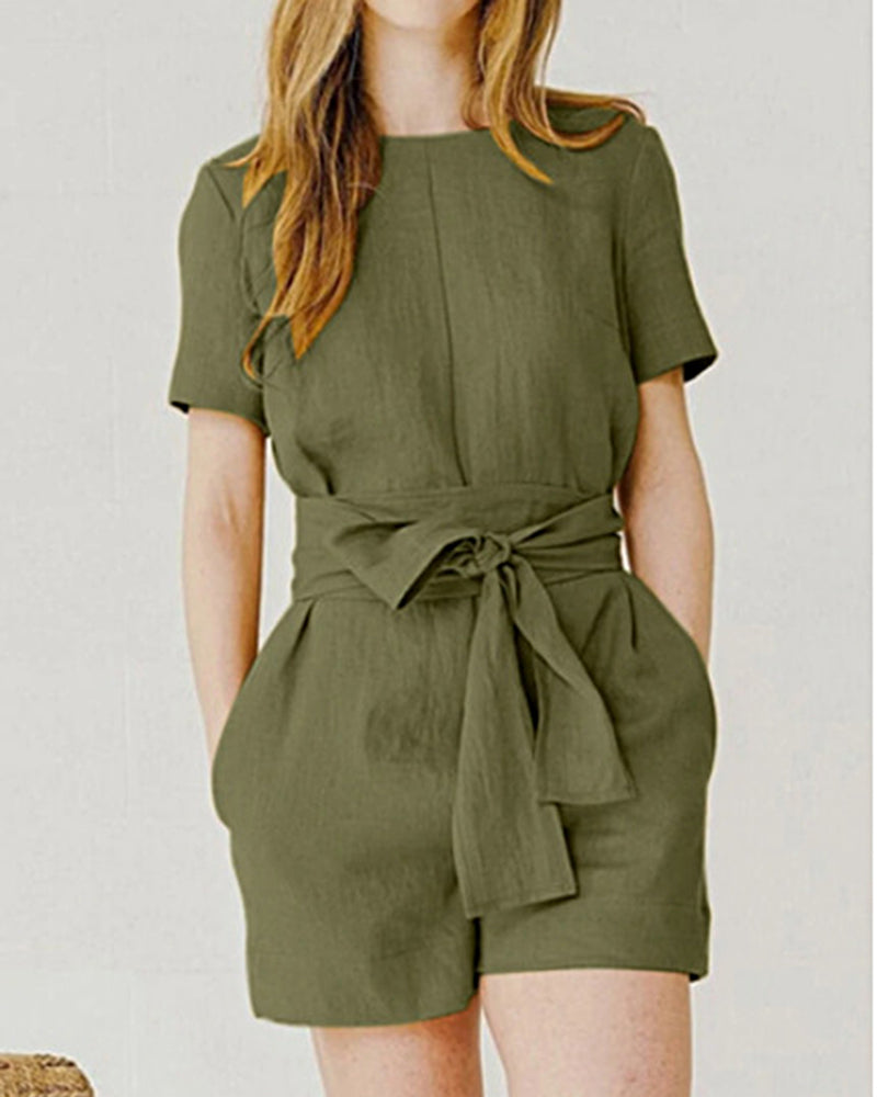 Solid Color Short Sleeve Round-neck Pocket Casual Shorts Jumpsuit with Belt