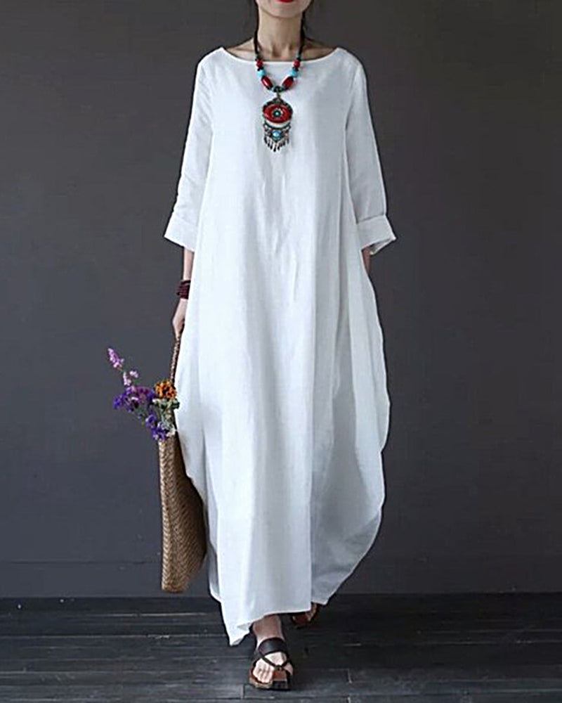 Soft Solid Color Splice Plus Size Linen & Cotton Big Swing Maxi Dress