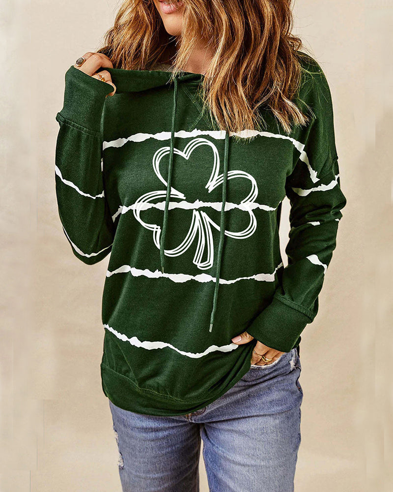 St Patrick's Day Green Clover Striped Hooded Sweatshirts Casual Long-sleeve Shift Top