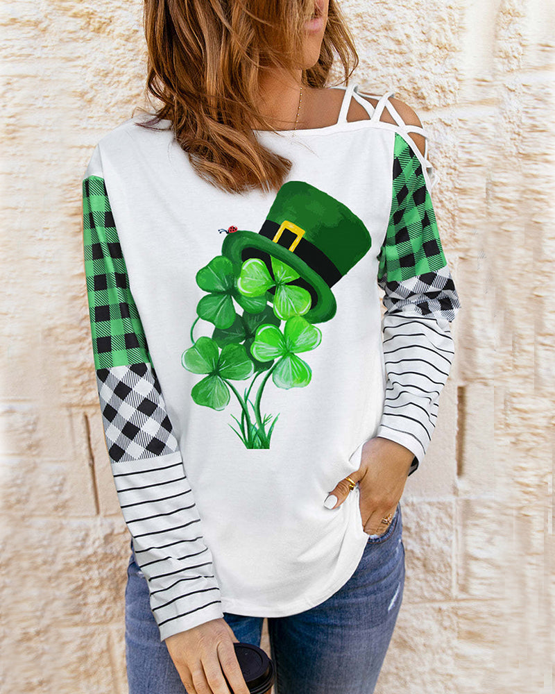 St Patrick's Day Clover Plaid Green Hat Asymmetrical Neck Off The Shoulder Shift Long Sleeve Top