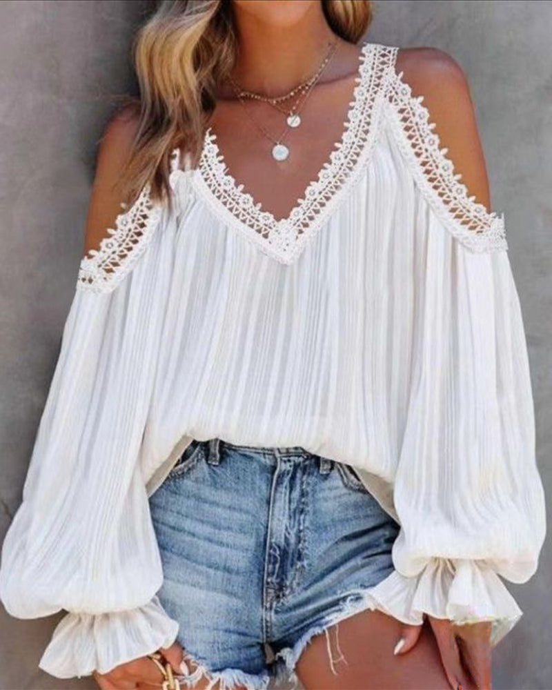 Lace Strap Cold Shoulder Blouse Top Ruffle Lantern Sleeve Shirts