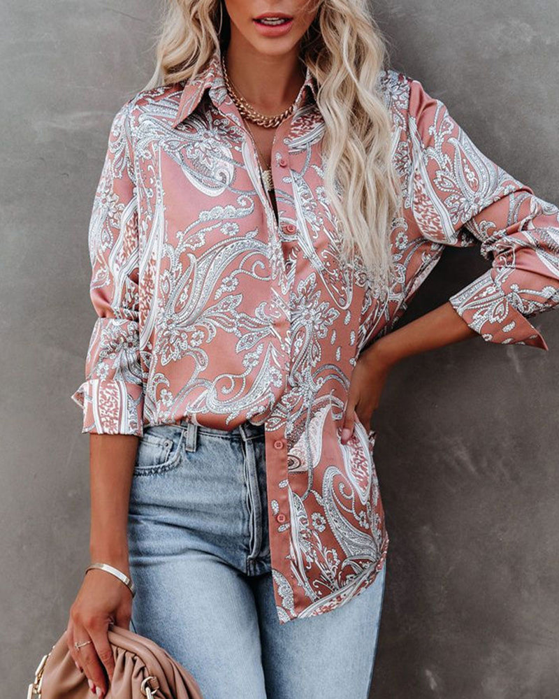 Vintage Print Shirt Turn Down Collar Button Down Blouse