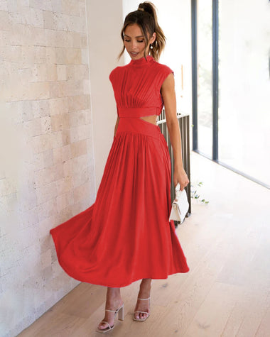 Stand Collar Solid Color Hollow Waist Long Dress