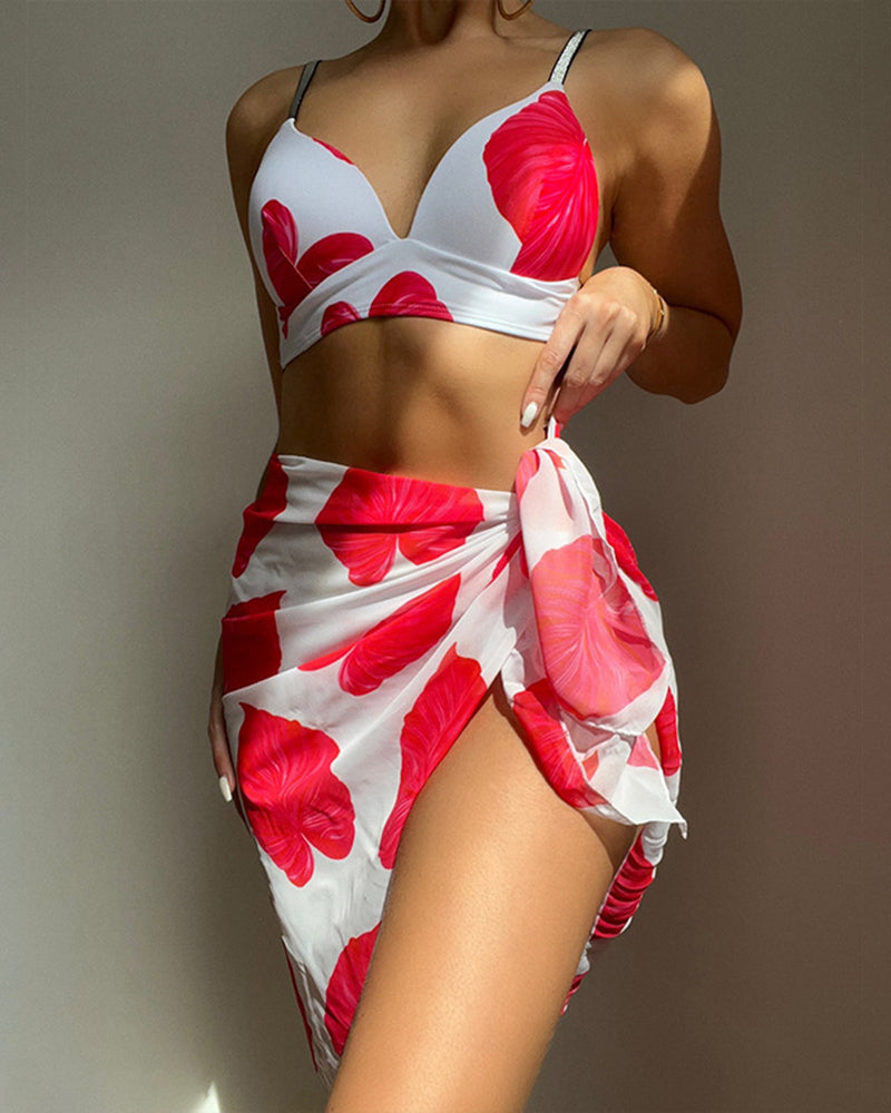 3pack Leaf Print Bikini Swimsuit & Cover Up