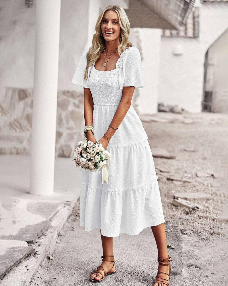 Short Sleeve Smocked Square Neck A Line Summer Flowy Maxi Long Dress