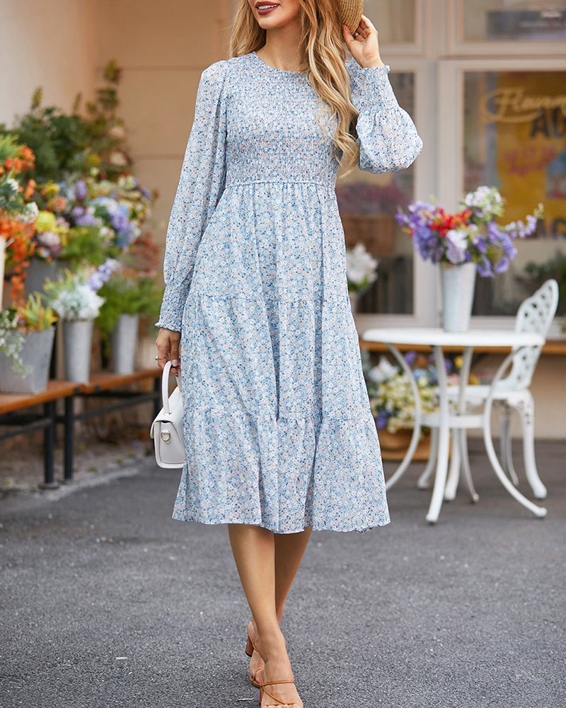 Round Neck Long Sleeves Tiered Floral Midi Dress