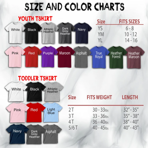 youth and toddler sizing and color charts