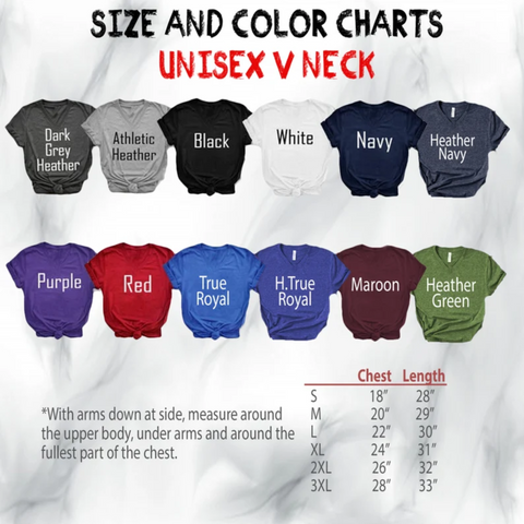 Unisex V-Neck Sizing and color charts