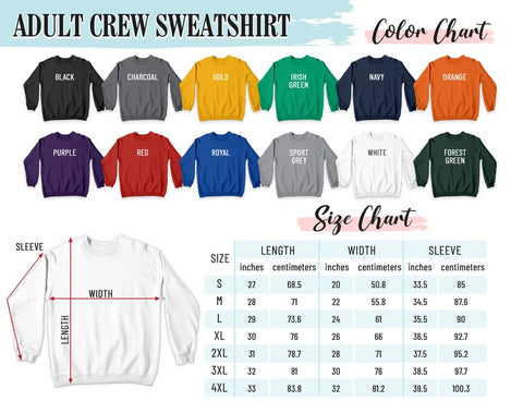 Adult Sweatshirt Size and Color Chart