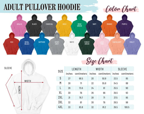 Unisex Pullover Hoodie Size and color chart