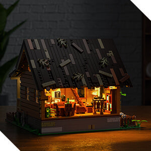 light up funwhole wood cabin back side