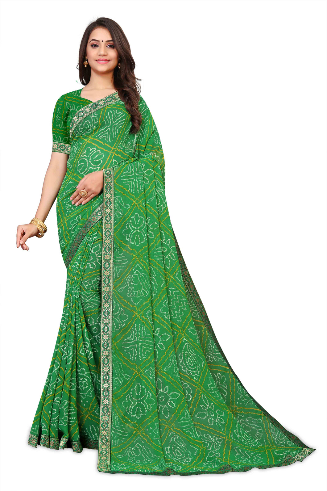 Green Solid Printed Bandhani Georgette Saree With Blouse | Sadika