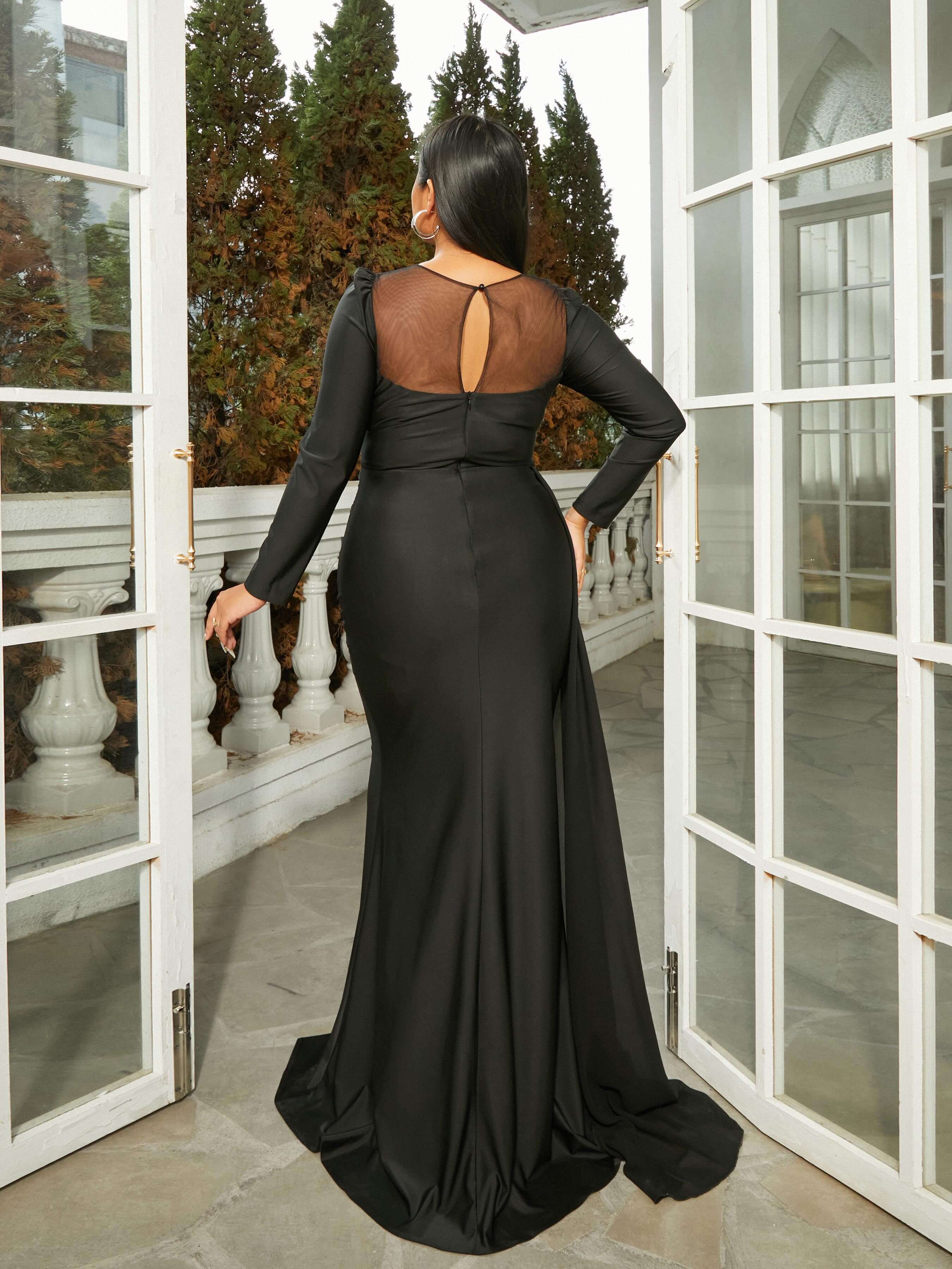 Plus Size Panel Mermaid Ribbon Black Formal Dress PRM21176