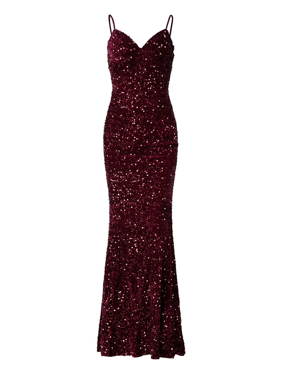 Spaghetti Backless Sequin Maxi Wine Evening Dress XJ1646